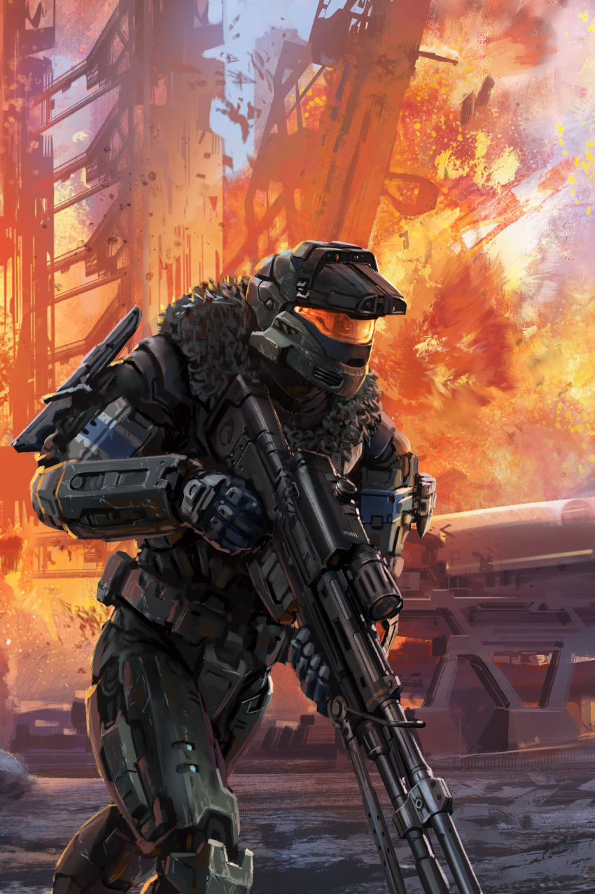 1boy, absurdres, anti-materiel_rifle, armor, assault_visor, combat_knife, concept_art, explosion
