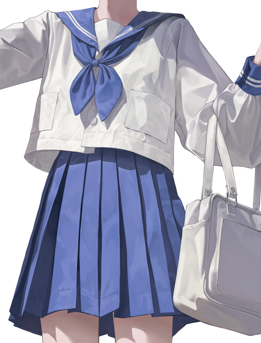 1girl, absurdres, bag, blue_neckerchief, blue_sailor_collar, blue_skirt, commentary, english_commentary