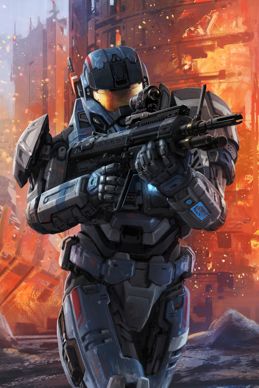 1boy, absurdres, aiming, armor, assault_visor, battle_rifle, bullpup, carter-a259
