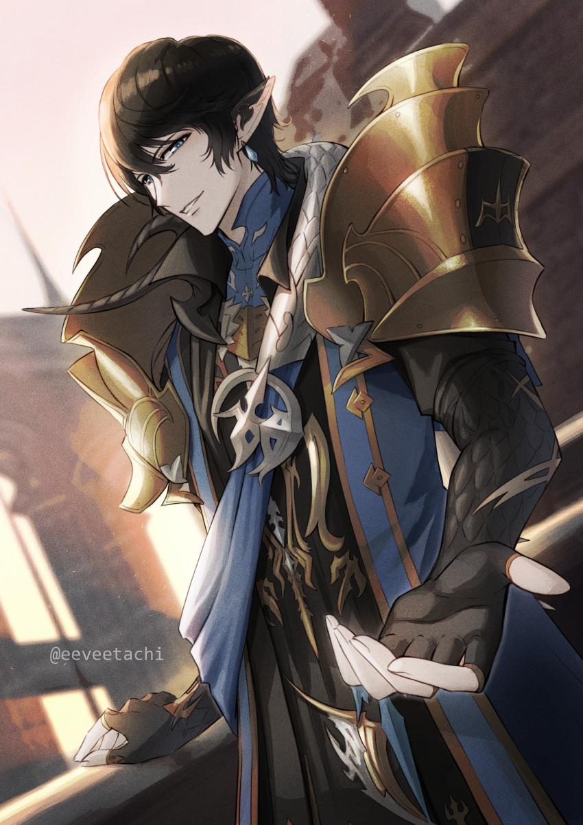 1boy, absurdres, armor, aymeric_de_borel, black_gloves, black_hair, blue_coat, blue_eyes