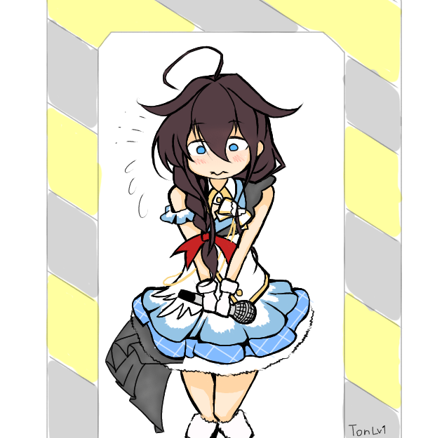 1girl, ahoge, alternate_costume, black_hair, blue_dress, blue_eyes, braid, dress