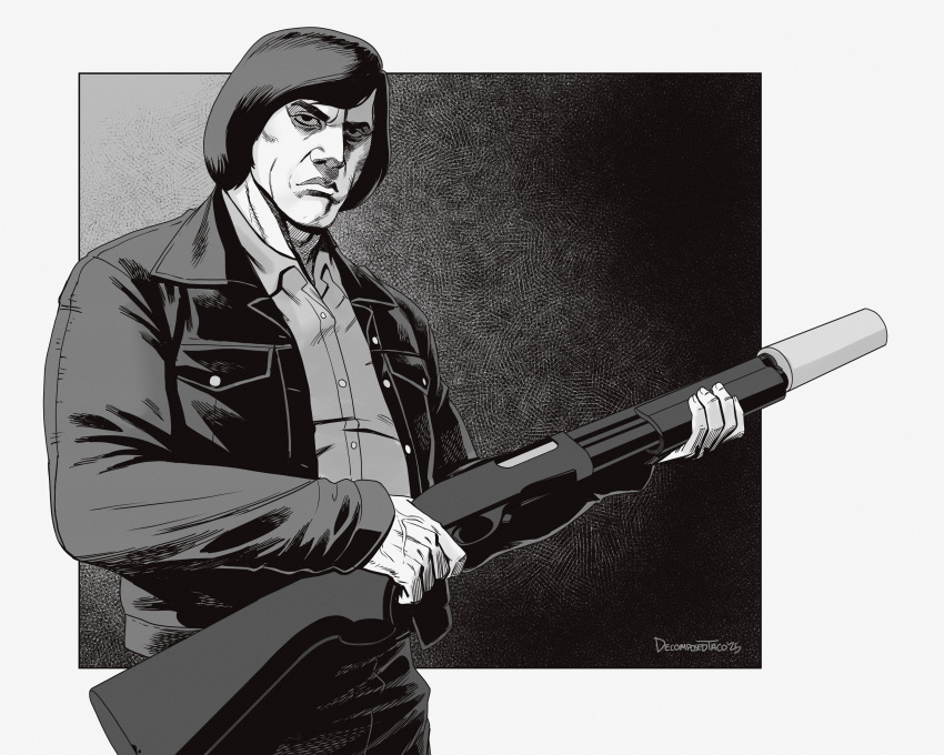 1boy, absurdres, anton_chigurh, black_jacket, collared_shirt, cowboy_shot, decomposedtaco, gun
