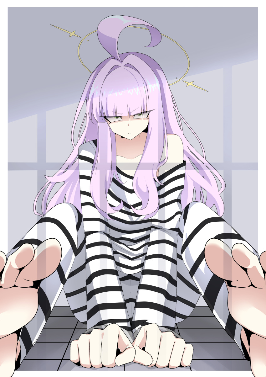 1girl, absurdres, ahoge, angry, blue_archive, feet, foreshortening, green_eyes