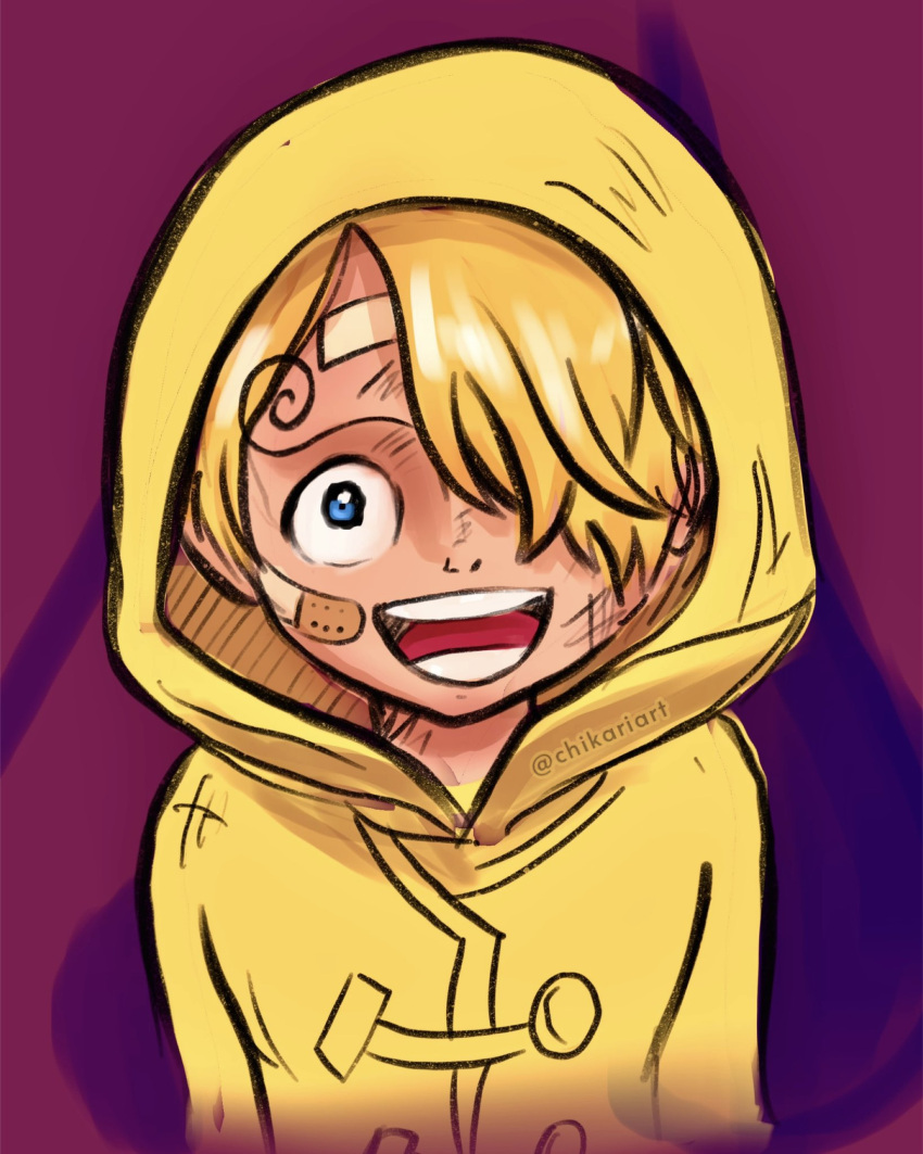 1boy, aged_down, bandaid, bandaid_on_face, blue_eyes, chikariart, child, coat