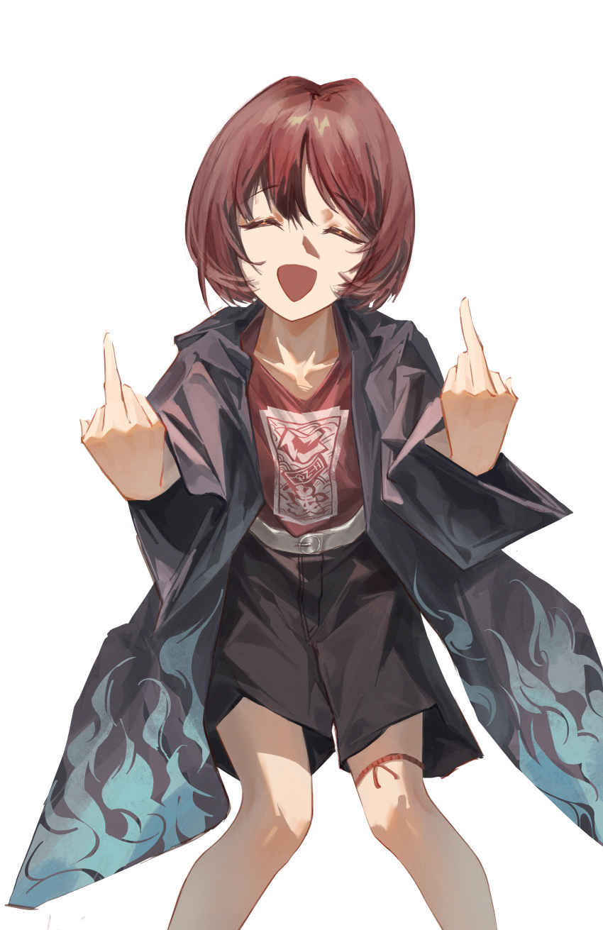 1girl, absurdres, black_shorts, blue_jacket, closed_eyes, commentary, doki_illus, double_middle_finger