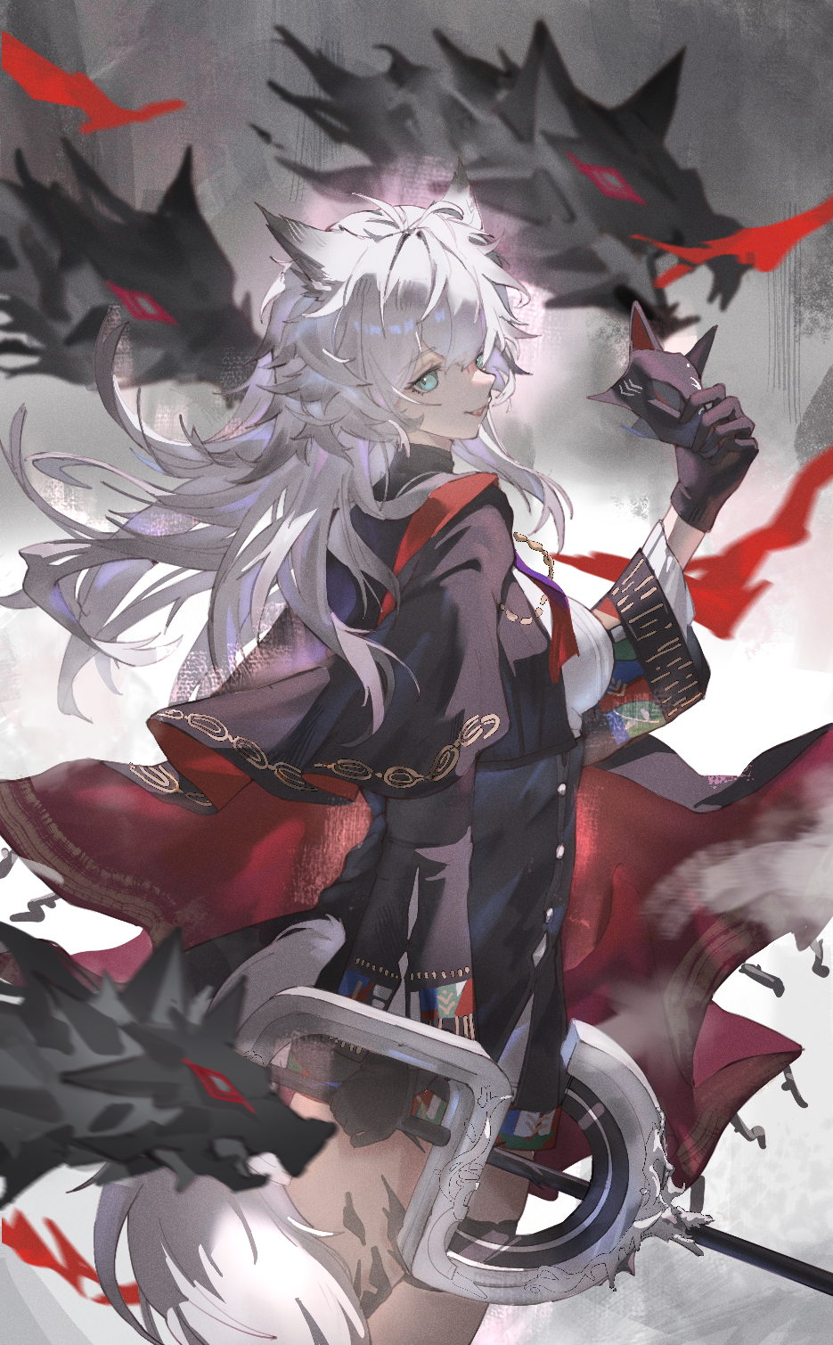 1girl, animal_ears, aqua_eyes, arknights, black_dress, black_gloves, cape, commentary