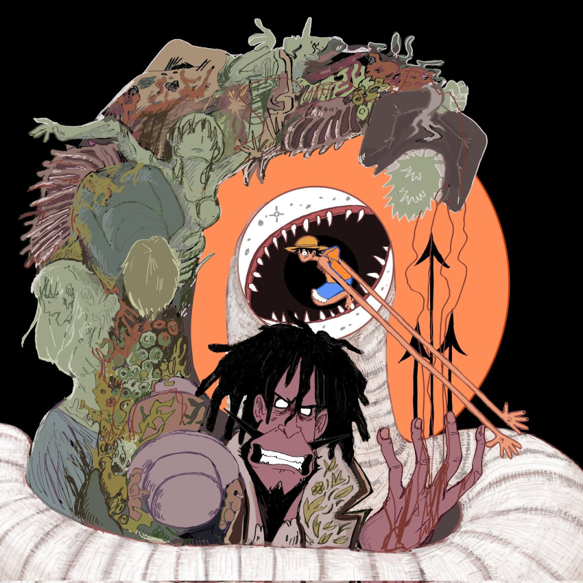 2girls, 6+boys, arrow_(projectile), baron_omatsuri, black_background, black_hair, blonde_hair, blood