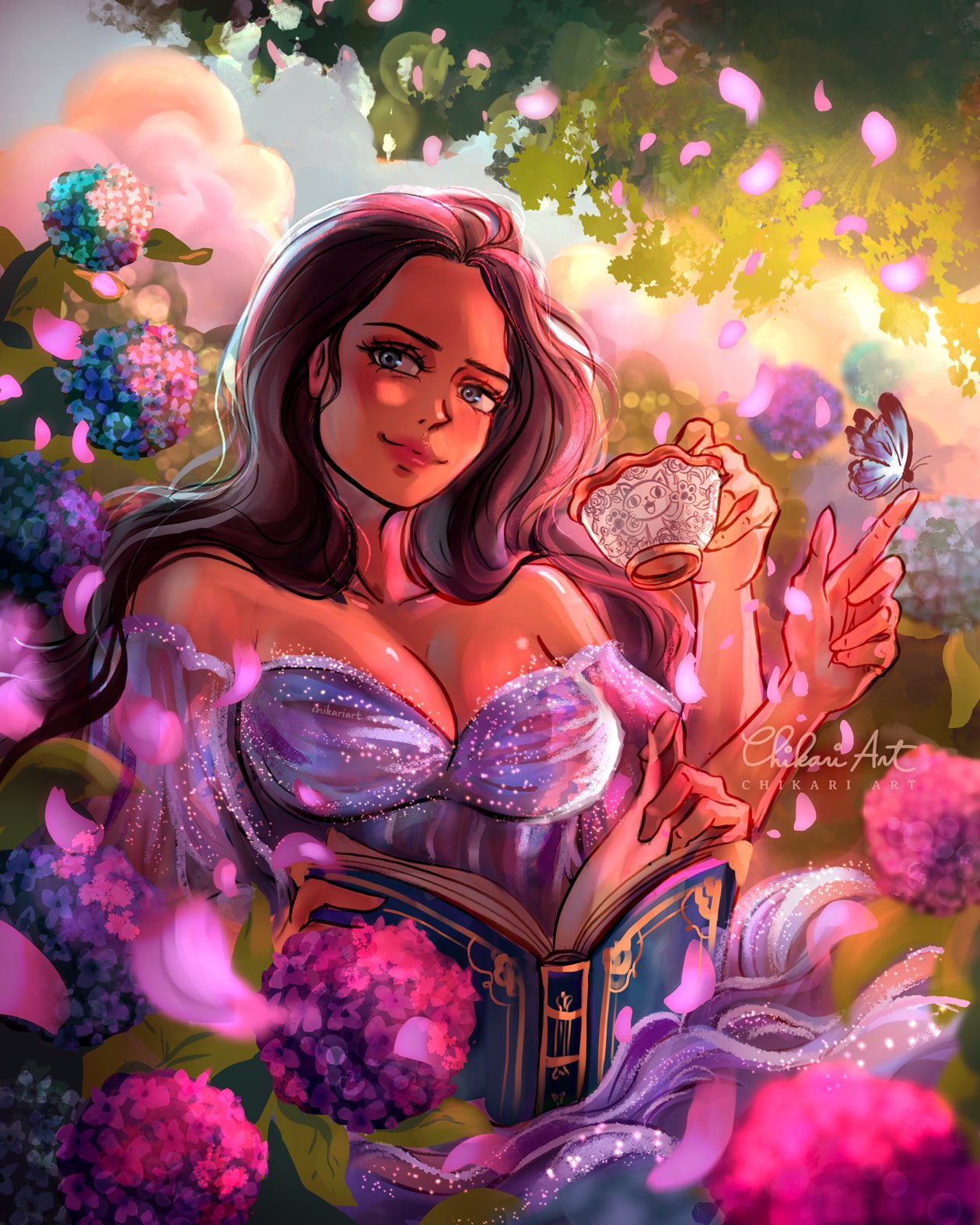 1girl, artist_name, black_hair, blue_eyes, book, bug, butterfly, butterfly_on_hand, chikariart, closed_mouth, commentary, cup, devil_fruit_power, dress, english_commentary, extra_arms, eyelashes, falling_petals, flower, highres, holding, holding_book, holding_cup, hydrangea, light_smile, long_hair, looking_to_the_side, nico_robin, one_piece, outdoors, petals, purple_dress, solo, strapless, strapless_dress