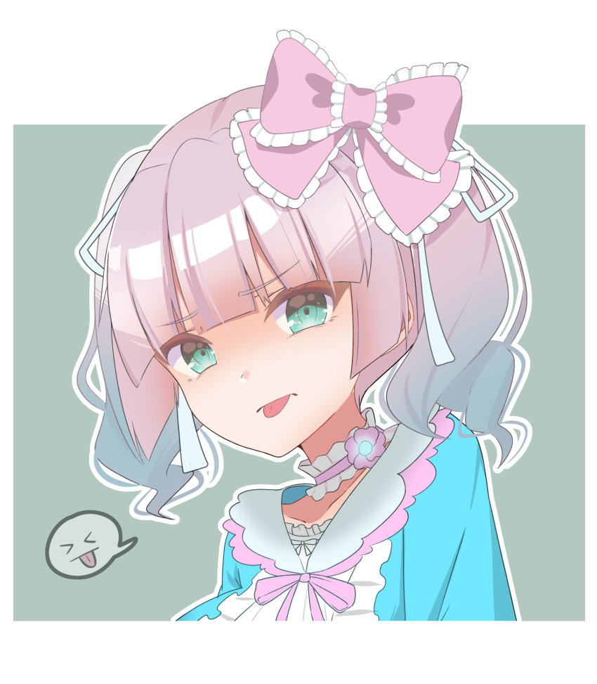 >_<, 1girl, blunt_bangs, bow, collarbone, frills, green_eyes, heaven_burns_red