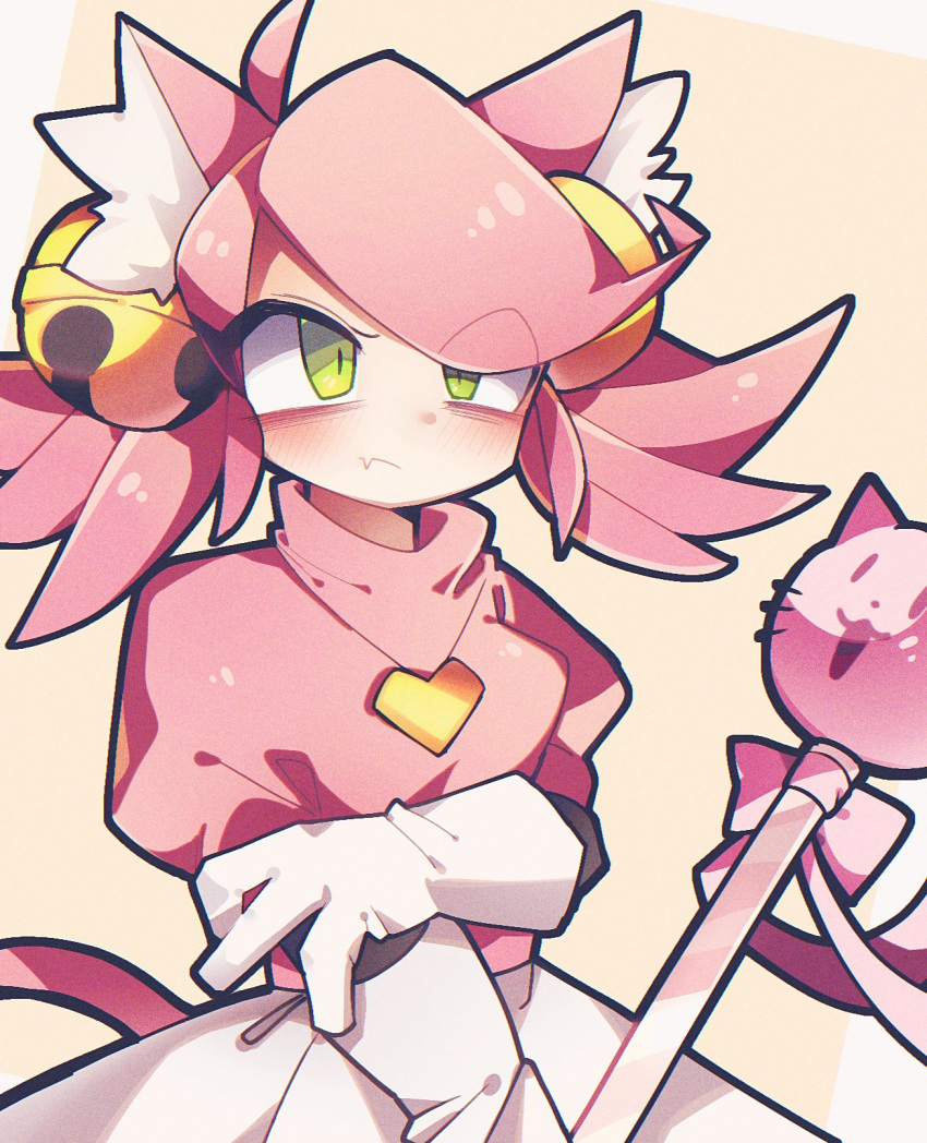 1girl, ahoge, animal_ear_fluff, animal_ears, bell, bow, breasts, cat_ears, cat_girl, cat_tail, chromatic_aberration, closed_mouth, commentary_request, deeeeeeen114514, fang, fewer_digits, film_grain, gloves, gold_necklace, green_eyes, hair_bell, hair_ornament, hair_over_one_eye, hand_on_own_arm, heart, heart_necklace, highres, holding, holding_staff, jewelry, looking_ahead, mad_mew_mew, medium_hair, necklace, orange_background, pink_bow, pink_hair, pink_sweater, pink_tail, puffy_short_sleeves, puffy_sleeves, short_sleeves, simple_background, skin_fang, skirt, slit_pupils, small_breasts, solo, staff, sweater, tail, turtleneck, turtleneck_sweater, twintails, undertale, upper_body, white_gloves, white_skirt