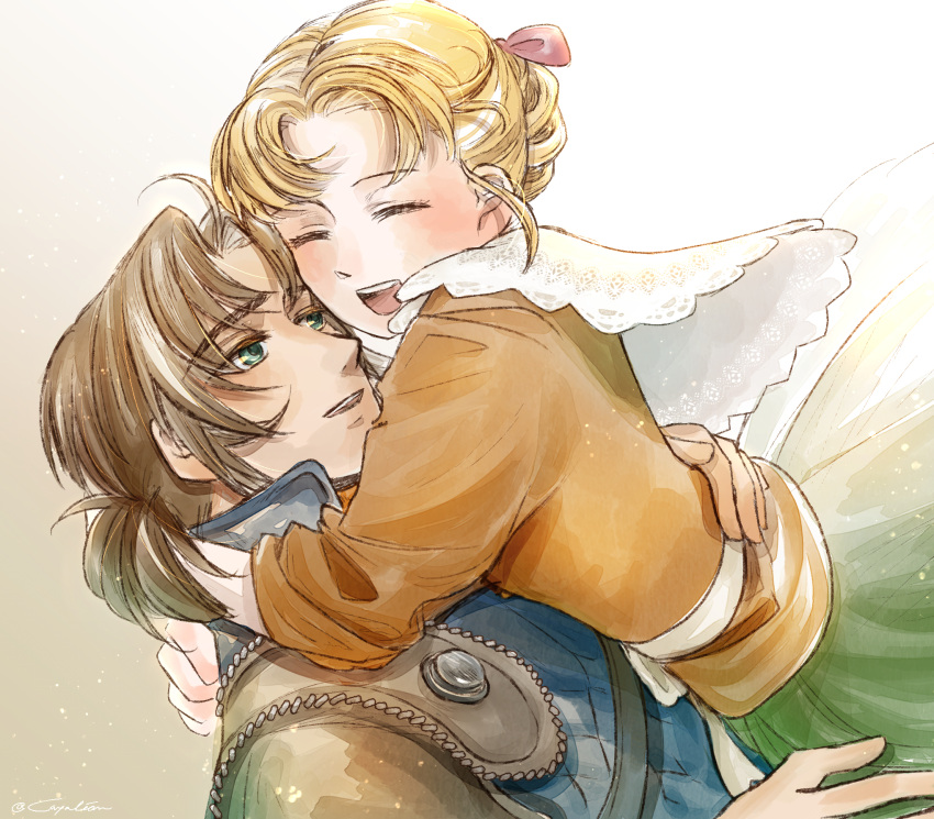 1boy, 1girl, belcoot_(suikoden), blonde_hair, brown_hair, cassini-kaya, closed_eyes, gensou_suikoden, gensou_suikoden_v, green_eyes, hair_ribbon, highres, hug, marina_(suikoden), ribbon, smile