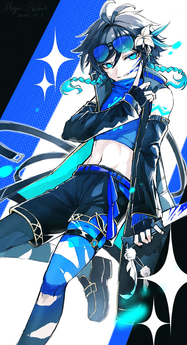 1boy, alternate_costume, arm_tattoo, bishounen, black_gloves, black_hair, black_shorts, blood, blood_on_knife, crop_top, eyewear_on_head, fingerless_gloves, genshin_impact, gloves, gradient_hair, green_hair, highres, holding, holding_knife, jacket, knife, looking_at_viewer, male_focus, midriff, multicolored_hair, muxi297, navel, open_clothes, open_jacket, shorts, solo, sunglasses, tattoo, venti_(genshin_impact)