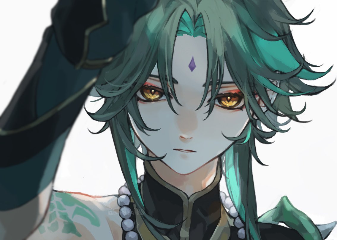 1boy, arm_tattoo, bead_necklace, beads, eyeshadow, facial_mark, forehead_mark, genshin_impact