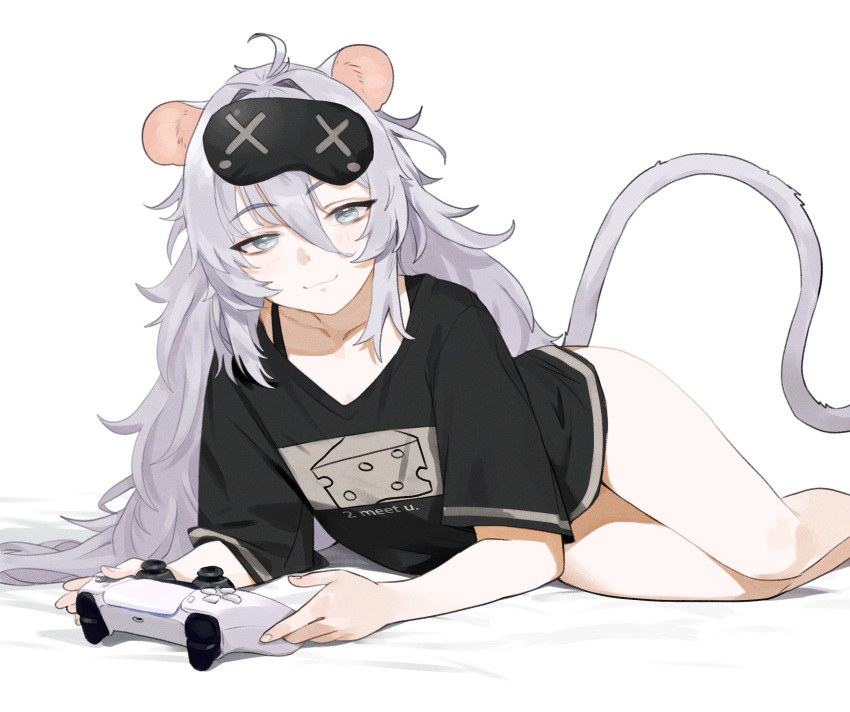 1girl, ahoge, animal_ears, blue_eyes, bra_strap, cheese_print, clauvio_(vtuber), controller