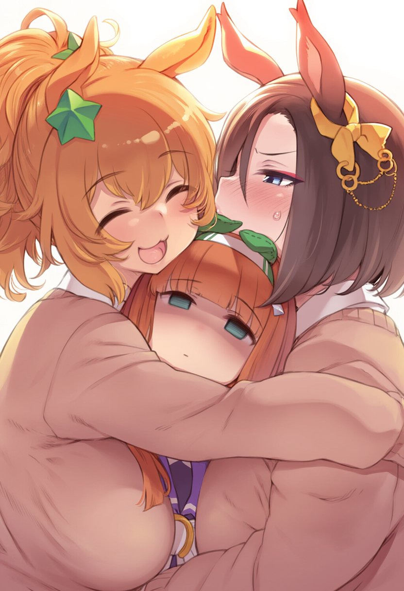 3girls, air_groove_(umamusume), animal_ears, aqua_eyes, blonde_hair, blue_eyes, blunt_bangs, blush