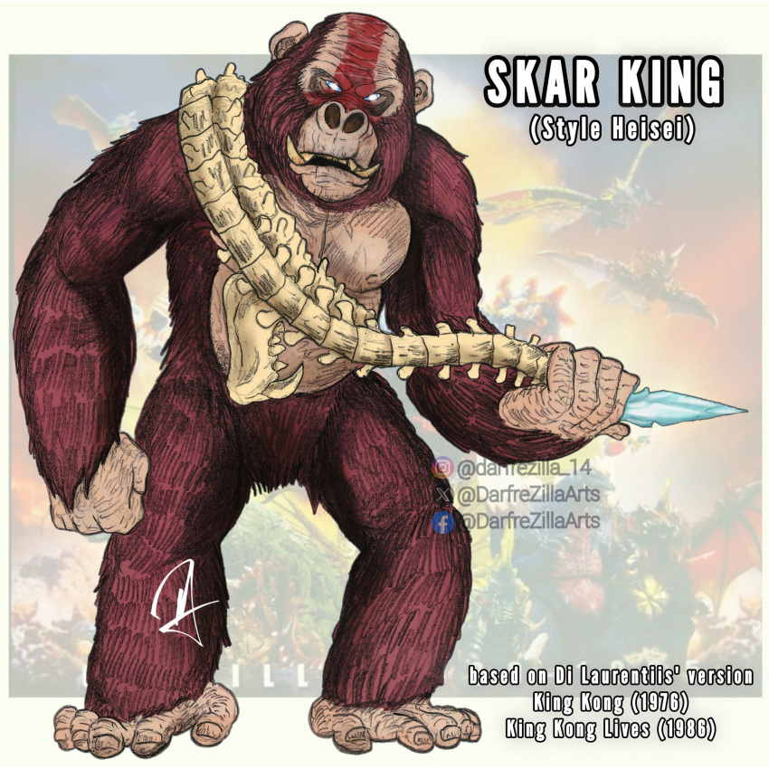 animal, blue_eyes, bone_weapon, darfrezillaarts, fangs, giant, giant_monster, glowing