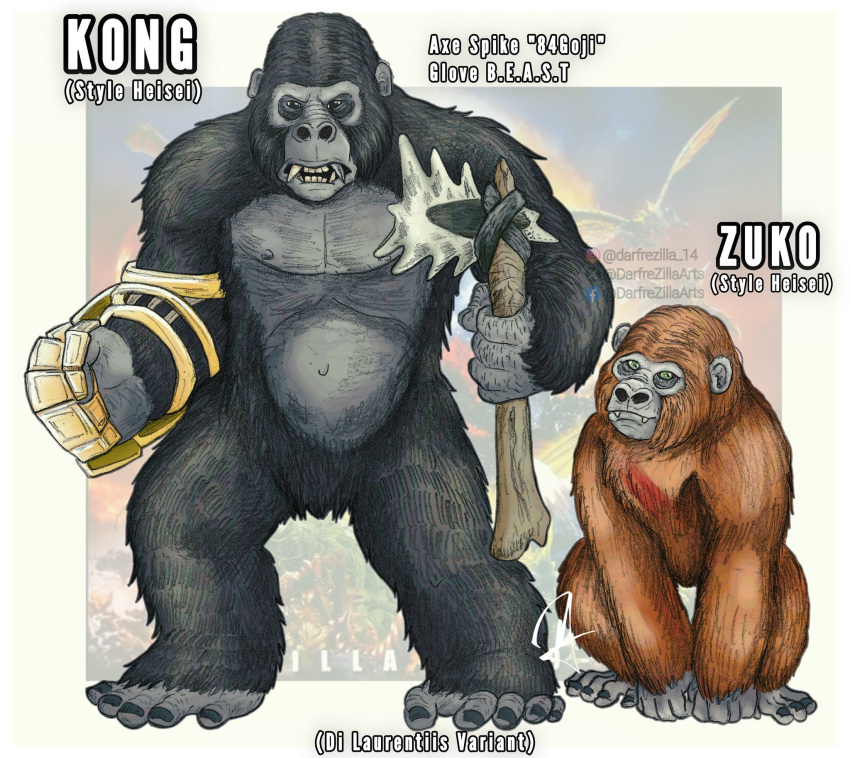 animal, ape, axe, b.e.a.s.t._glove, black_fur, bone_weapon, brown_fur, claws