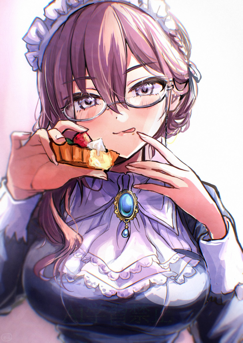 1girl, black_dress, collared_dress, crumbs, dessert, dress, eyewear_strap, food, food_bite, grey-framed_eyewear, hair_between_eyes, highres, holding, holding_food, idolmaster, idolmaster_cinderella_girls, licking_lips, light_smile, looking_at_viewer, maid_headdress, purple_hair, semi-rimless_eyewear, solo, tongue, tongue_out, under-rim_eyewear, upper_body, violet_eyes, yagami_makino, yuzuhota0313