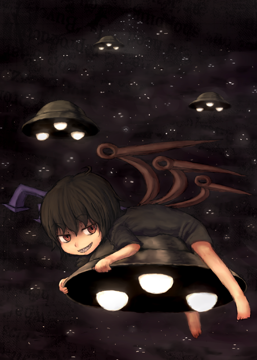 barefoot, black, black_hair, grin, hayake, houjuu_nue, night, on_stomach