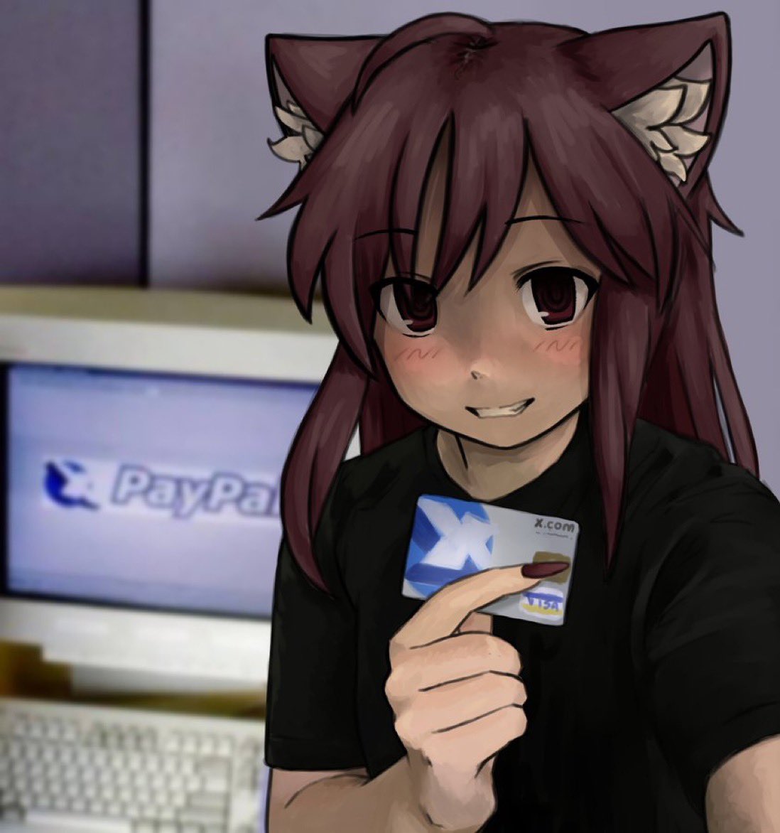 1girl, 2000s_(style), ahoge, animal_ears, blush, brown_eyes, brown_hair, card