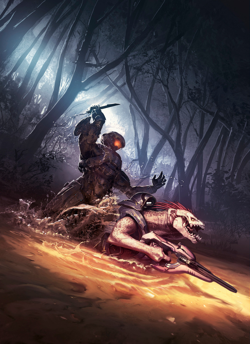 1boy, 1other, alien, armor, assault_visor, combat_knife, cover, gabriel_thorne, gun, halo:_escalation, halo_(series), highres, holding, holding_gun, holding_weapon, imminent_attack, isaac_hannaford, kig-yar, knife, needler, official_art, partially_submerged, power_armor, science_fiction, sharp_teeth, spartan_(halo), teeth, tree, water, weapon, wetland