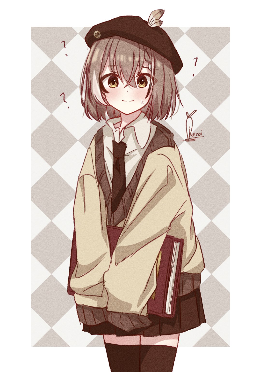 1girl, ?, beret, black_hair, black_necktie, book, border, brown_eyes