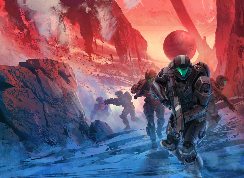 1girl, 4boys, alpha-nine_(halo), armor, assault_rifle, assault_visor, bullpup, canyon