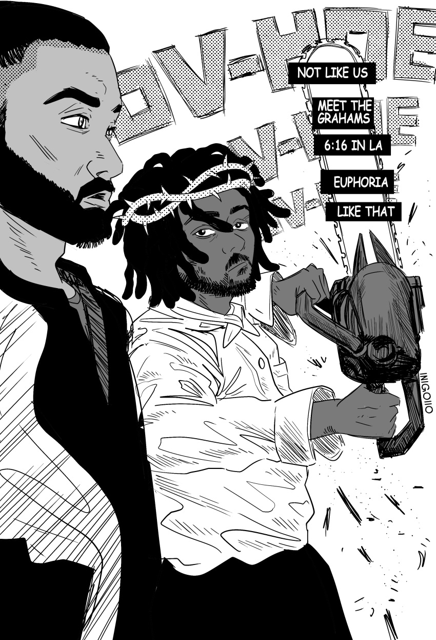 2boys, absurdres, beard, chainsaw, chainsaw_man, crown_of_thorns, drake_(rapper), dreadlocks, english_commentary, facial_hair, greyscale, highres, inigoiio, kendrick_lamar, male_focus, monochrome, multiple_boys, real_life, scene_reference, shirt, short_hair, very_short_hair