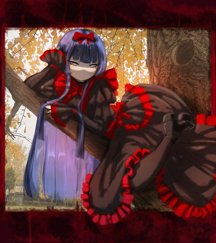 1girl, arm_rest, ars_lycorys, artist_name, black_dress, black_footwear, black_pantyhose, black_souls