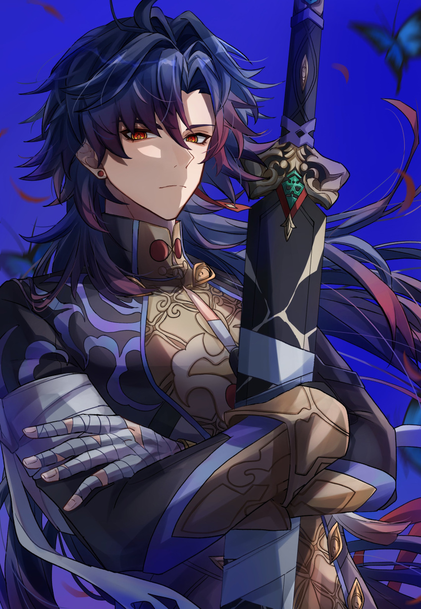 1boy, absurdres, bandaged_hand, bandages, black_jacket, blade_(honkai:_star_rail), blue_background, blue_butterfly