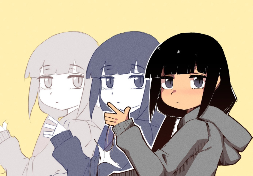 1girl, black_hair, blunt_bangs, closed_mouth, english_commentary, expressionless, grey_eyes, grey_hoodie