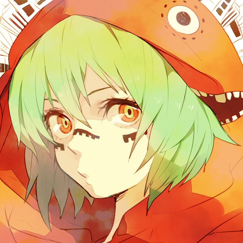 bad_id, face, green_eyes, green_hair, gumi, hoodie, marui_happa, matryoshka_(vocaloid)