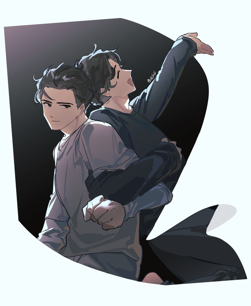 2boys, absurdres, animification, arm_up, artist_name, back-to-back, black_eyes, black_hair