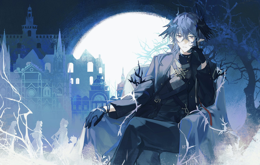 1boy, 4others, arknights, bare_tree, black_coat, black_gloves, black_pants, black_shirt, castle, chair, coat, coat_on_shoulders, commentary, cowboy_shot, crossed_legs, english_commentary, expressionless, frown, full_moon, gloves, grey_hair, head_rest, head_wings, highres, horns, intblue, logos_(arknights), looking_at_viewer, male_focus, moon, multiple_others, night, night_sky, pants, pointy_ears, red_eyes, shirt, sitting, sky, tree, wings