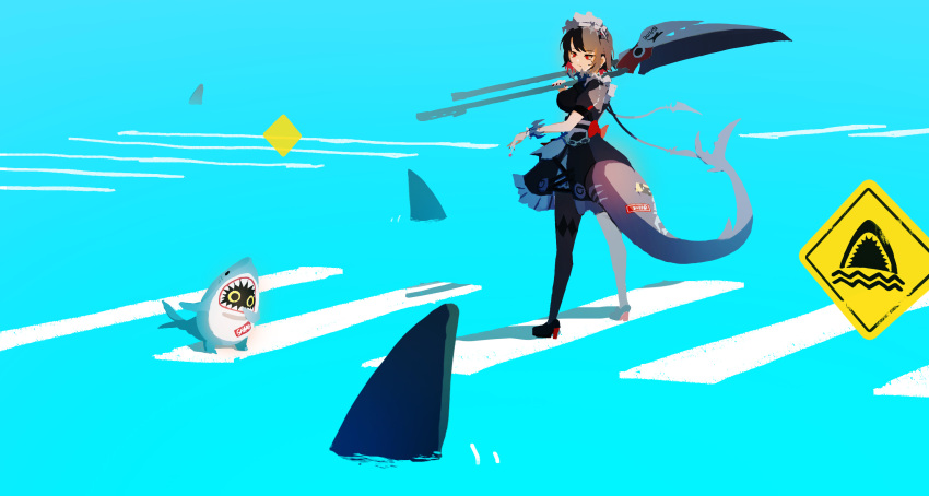 1girl, black_dress, black_footwear, black_hair, black_thighhighs, blue_scrunchie, candy, closed_mouth