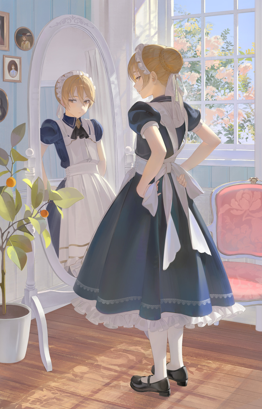 1boy, absurdres, aheuretokki, apron, ascot, black_ascot, blonde_hair, blue_dress