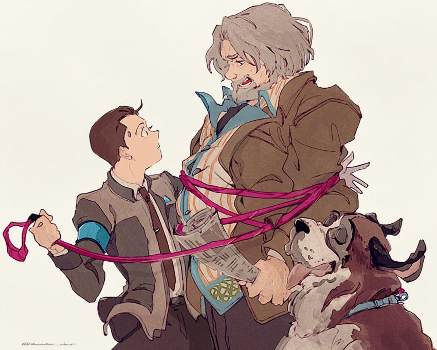 2boys, android, animal, animal_collar, arm_up, armband, beard, belt