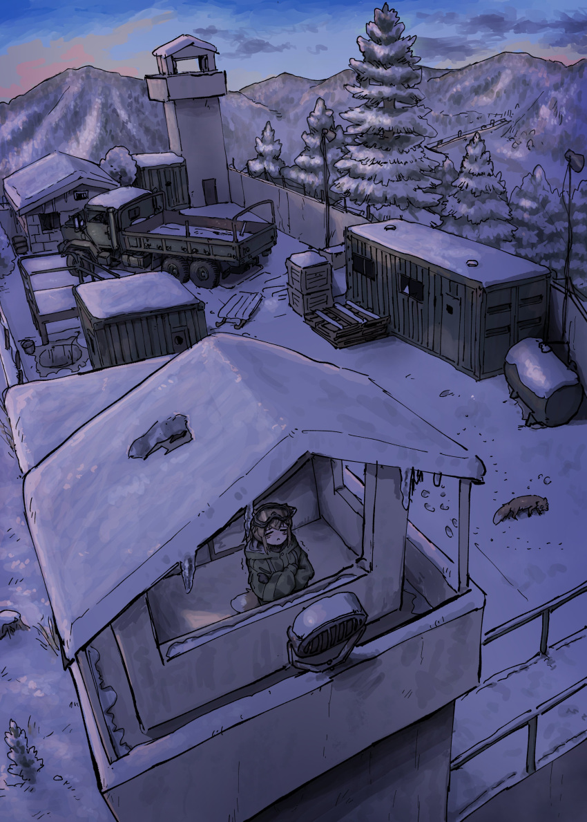 1girl, absurdres, animal_ears, blonde_hair, camouflage, camouflage_jacket, cold, crossed_arms