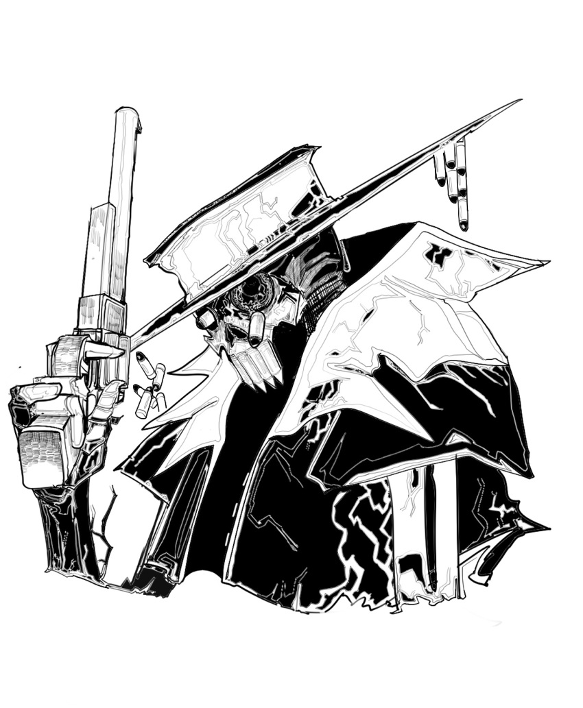 art_study, bullet, coat, commentary, cowboy_hat, cropped_torso, duster_coat, egg_(sa1324575446), enter_the_gungeon, finger_on_trigger, greyscale, gun, hat, highres, holding, holding_gun, holding_weapon, hollow_eyes, lich, monochrome, no_humans, revolver, simple_background, skeleton, skull, solo, symbol-only_commentary, the_lich_(enter_the_gungeon), torn_clothes, torn_coat, weapon, white_background