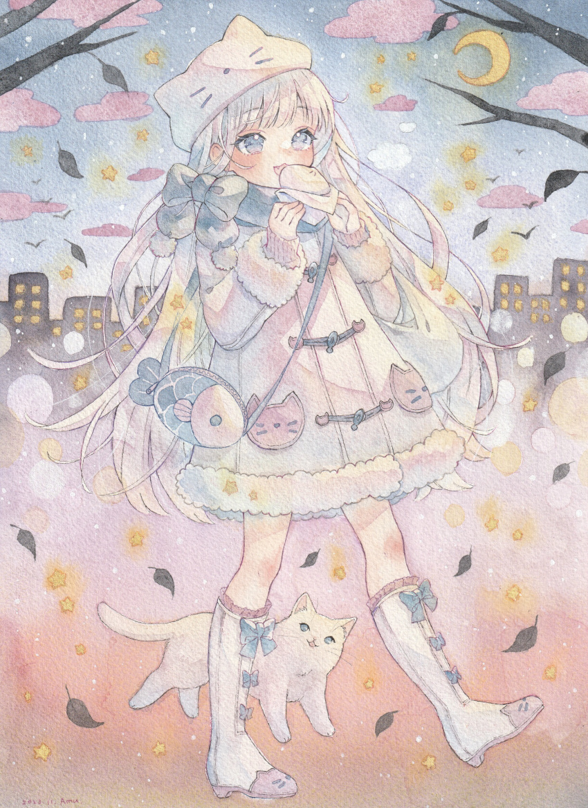 1girl, :3, absurdres, amu_(m_aa), animal_hat, bag, blue_bag, blue_bow
