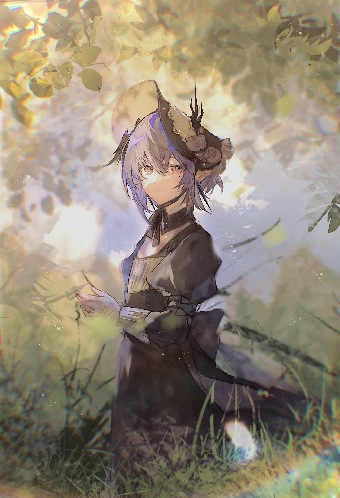 1boy, aged_down, arknights, black_dress, black_hat, blue_sky, blurry, blurry_background