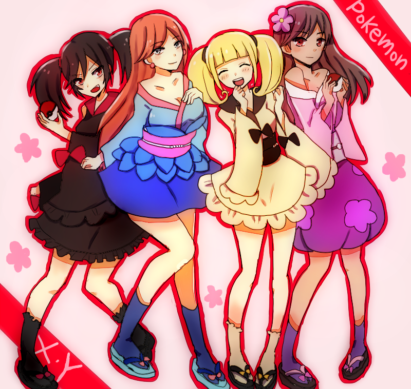 4girls, :d, black_footwear, black_hair, black_kimono, black_sash, black_socks, blonde_hair