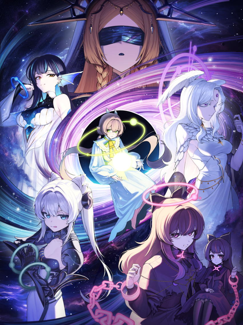 6+girls, :q, alternate_costume, alternate_hairstyle, animal_ears, armor, bare_shoulders, belly_chain, black_bow, black_hole, blindfold, blue_eyes, blue_hair, bow, bracelet, braid, breastplate, breasts, bridal_gauntlets, brown_hair, capelet, chain, chained_wrists, character_doll, clenched_teeth, clock_hands, closed_mouth, colored_inner_hair, cone_hair_bun, doll_joints, dress, fantasy, feather_capelet, fins, forehead_jewel, gauntlets, goat_ears, goat_horns, gosegu, green_eyes, hair_bow, hair_bun, halo, head_chain, head_fins, head_wings, headgear, highres, horns, ine_(vtuber), jewelry, jingburger, joints, jururu, kemonomimi_mode, lilpa, long_hair, long_sleeves, looking_at_viewer, low_twintails, magictuna, medium_breasts, multicolored_hair, multiple_girls, parted_lips, pink_halo, poster_(medium), purple_dress, purple_hair, purple_halo, shawl, shoulder_armor, star_(sky), starry_sky_print, streaked_hair, teeth, tongue, tongue_out, twin_braids, twintails, very_long_hair, viichan, violet_eyes, virtual_youtuber, waktaverse, white_capelet, white_dress, white_hair, wings, wrist_halo, yellow_eyes