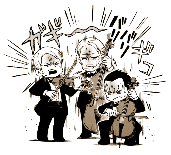 >_<, 3boys, ace_combat, ace_combat_7, alternate_costume, beard, bow, bow_(music)