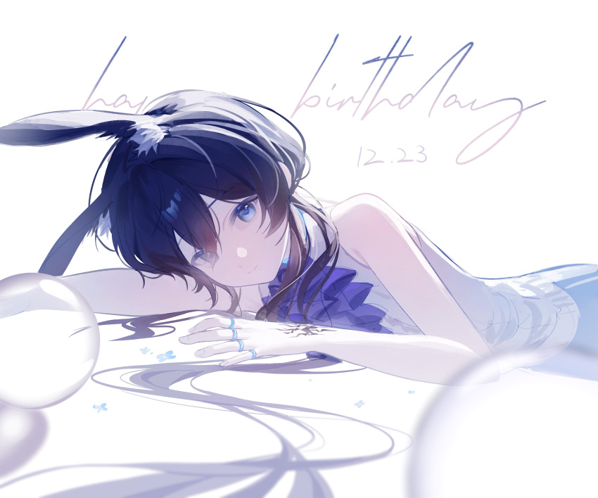 1girl, absurdres, amiya_(arknights), animal_ears, arknights, bare_shoulders, black_hair, blue_eyes