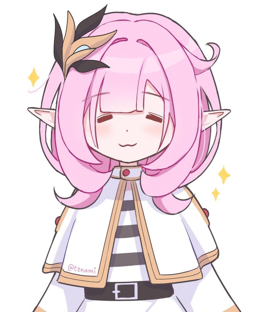 1girl, :3, belt, black_belt, capelet, chibi, chibi_only, closed_eyes, commentary, cosplay, elf, elysia_(honkai_impact), facing_viewer, frieren, frieren_(cosplay), hair_ornament, honkai_(series), honkai_impact_3rd, nami_(tznami), pink_hair, pointy_ears, simple_background, solo, sousou_no_frieren, sparkle, straight-on, upper_body, white_background, white_capelet