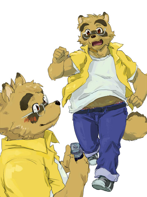 1boy, animal_ears, belly, blue_pants, blush, brown_fur, camera, commentary_request