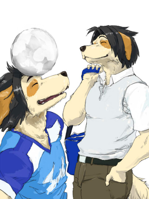 1boy, animal_ears, bag, balancing_on_head, ball, black_hair, brown_pants, commentary_request