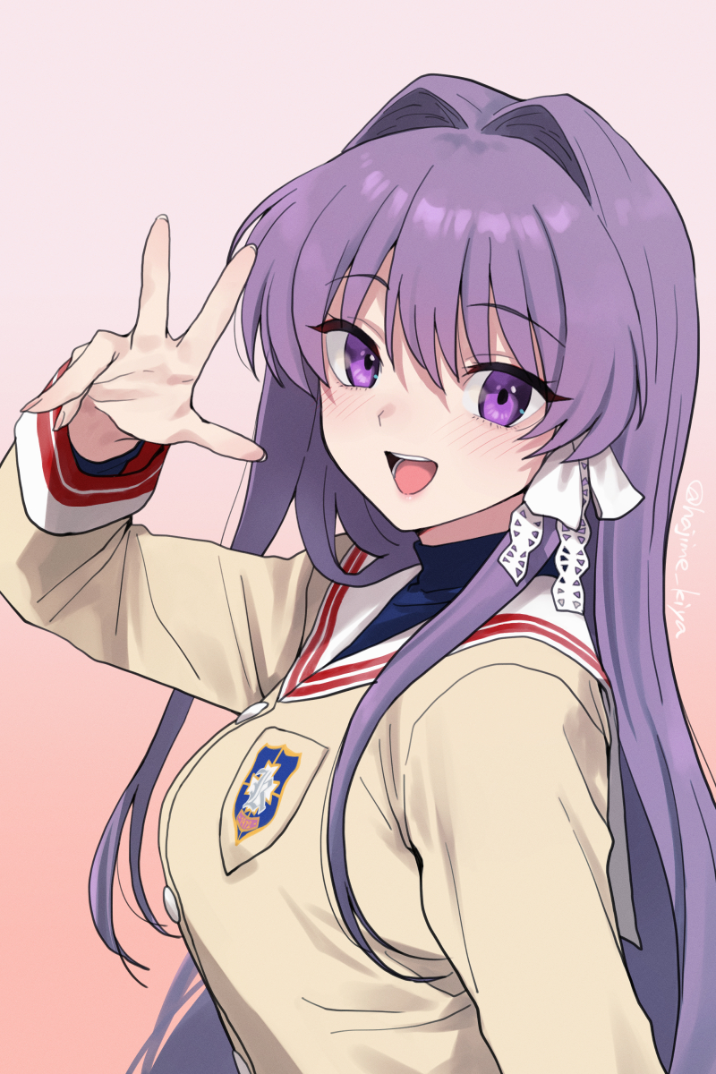 1girl, blush, breasts, clannad, fujibayashi_kyou, hair_intakes, hair_ribbon, highres, hikarizaka_private_high_school_uniform, kiya_hajime, long_hair, open_mouth, purple_hair, ribbon, school_uniform, solo, violet_eyes