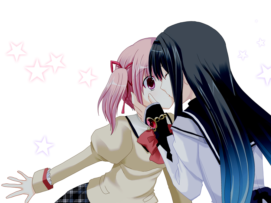 akemi_homura, black_hair, closed_eyes, eyes_closed, hair_ribbon, hairband, kaname_madoka, kiss